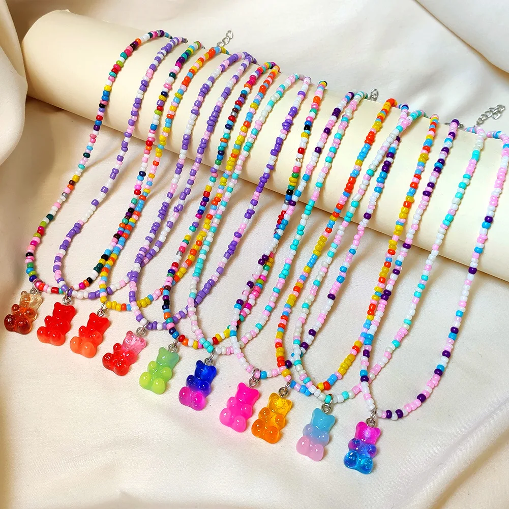 

Seed Beads Bohemia Korean Colorful Gummy Bear Pendant Choker Resin Multicolor Rice Beaded Necklace for Women Girls Gifts