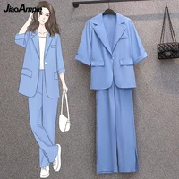 2022 summer loose 2 pcs pants set korean women casual short sleeve coatstrouser suit office lady graceful joker blue clothes