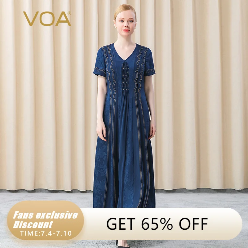 

VOA Elegant Three-dimensional Ruffle V-Neck Summer Woman Silk Dress Yarn-dyed Jacquard Party Maxi Dresses for Women Chic AE721