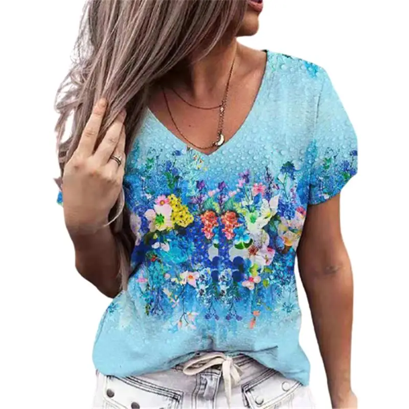 

5XL Summer Oversized Ladies Tops Plus Size Women Floral Print T Shirt Female Short Sleeve V-Neck Casual Loose Shirt Fashion 2021