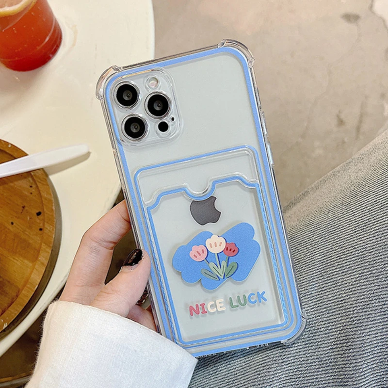 

For iPhone 13 11 12 Pro Max 7 8Plus Cute Lucky flower doodle Clear Cover For iPhone X XR XSMax Shockproof Card holder Phone Case