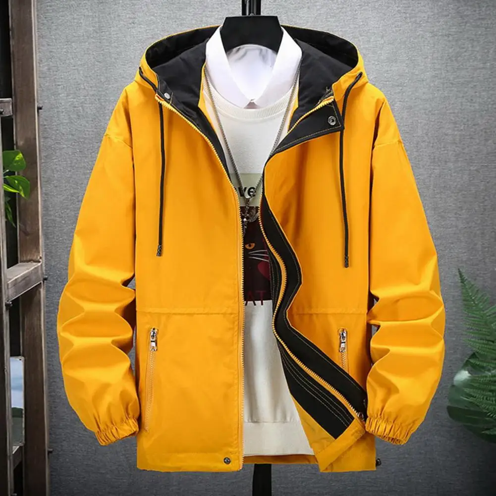 

Men Jacket Color Matching Hood Zipper Pockets Men Overcoat Long Sleeve Drawstring Bomber Jacket Spring Fall Loose Baseball Coat