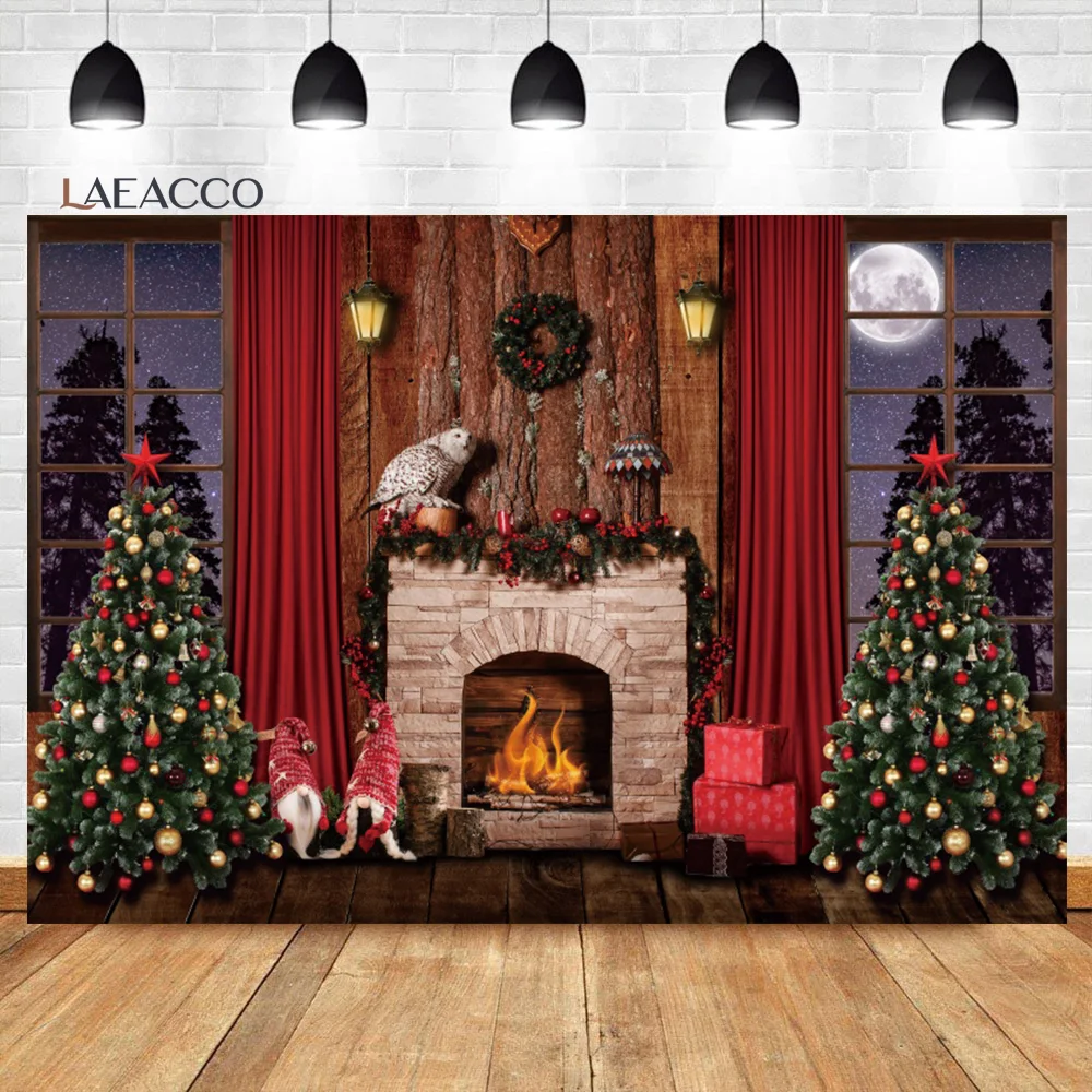 

Laeacco Kids Christmas Birthday Backdrop Rustic Wood House Interior Fireplace Xmas Tree Newborn Portrait Photography Background