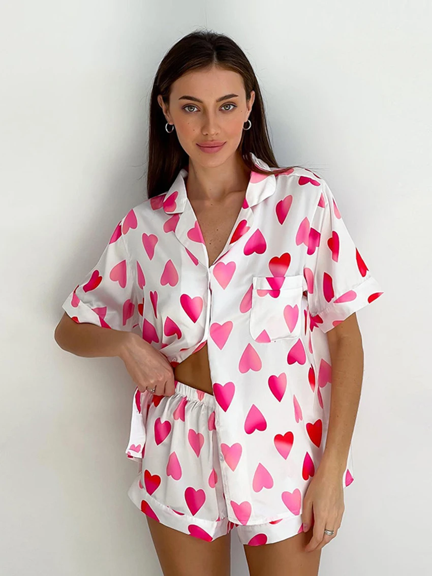 Marthaqiqi Printing Love Women Pajamas Sets Sexy Turn-Down Collar Nightwear Short Sleepwear Shorts Women'S Casual Summer Suits