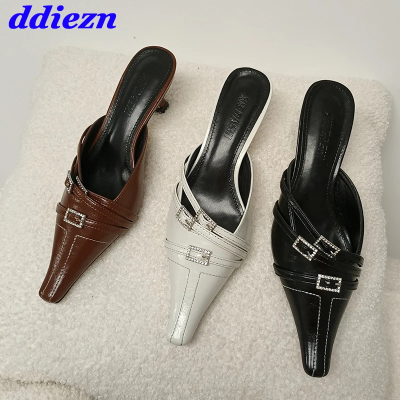 

Шлепанцы женские на среднем каблуке, заостренный носок, туфли-лодочки, сланцы, мюли, 2023