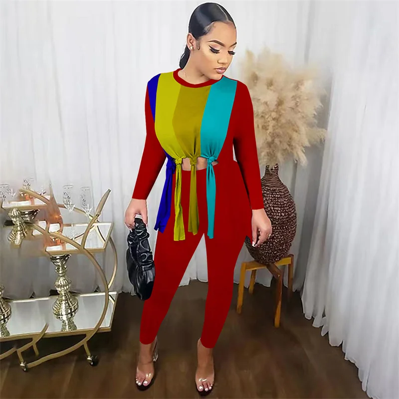 

Striped Tassel 2 Piece Outfits for Women Matching Sets Long Sleeve T-shirt Top and Pants Set Streetwear Sporty Casual Sweatsuit