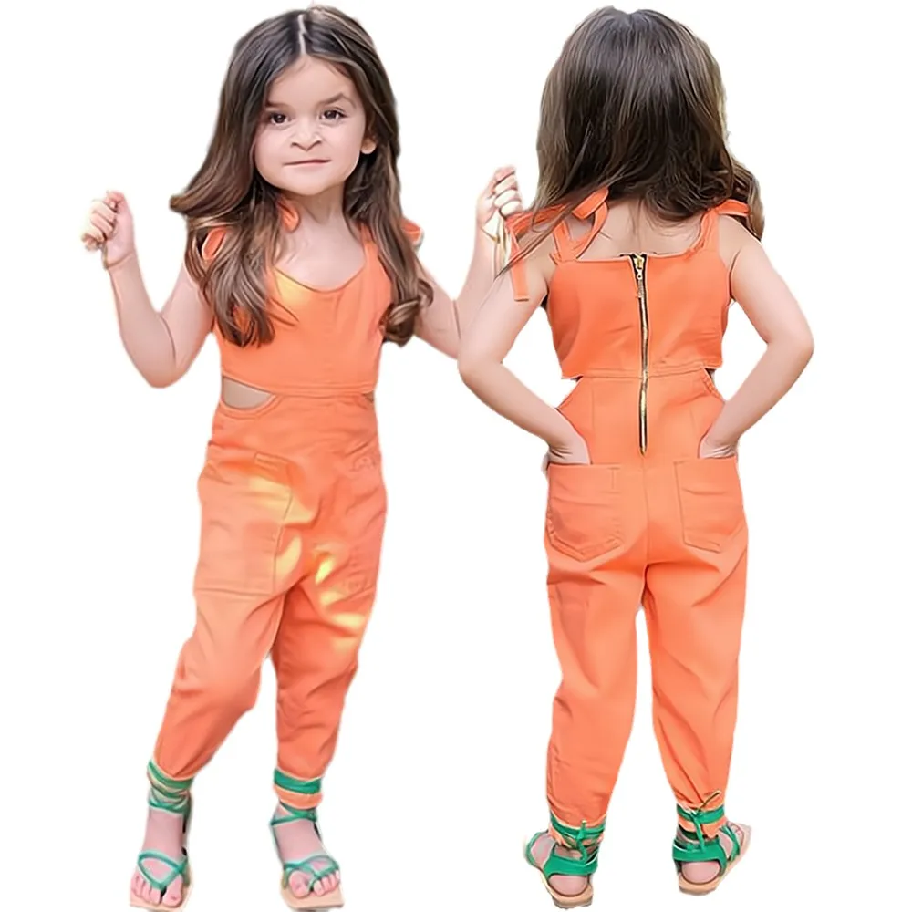 

2-8Y Orange Girls Jumpsuits Summer Hollow Out Solid Sleeveless Suspender Playsuits Toddler Kids Casaul Zipper Full Pant Overalls