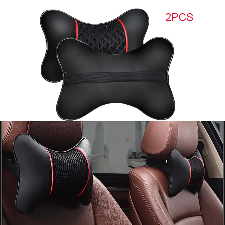 

2Pcs PU Leather Knitted Car Pillows Headrest Neck Rest Cushion Support Seat Accessories Auto Black Safety Pillow Universal Decor