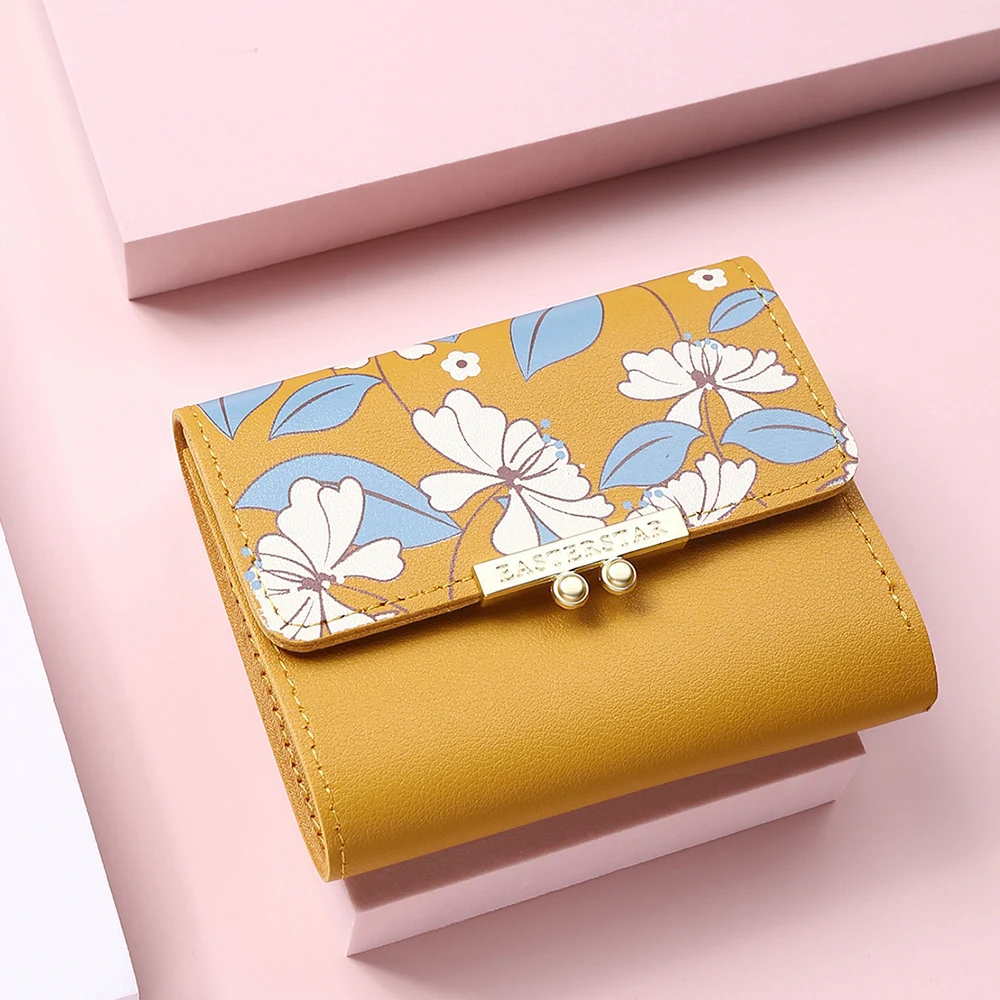 

2023 New Flowers Cute Women Wallet Buckle Folding Girl Small Wallet Brand Designed PU Leather Coin Purse Female Card Holder