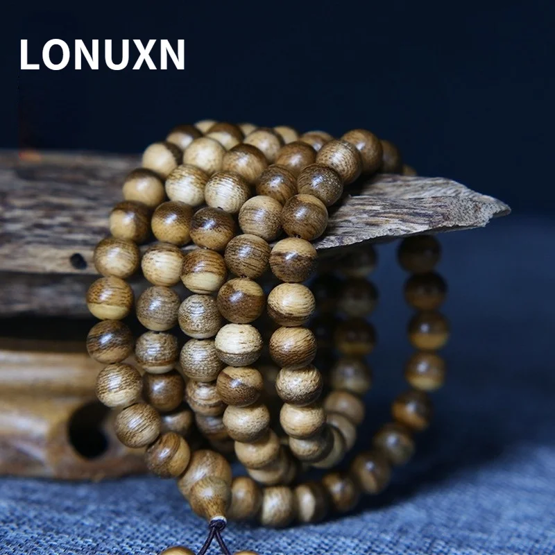 

High Quality Natural Wood Tiger Grain Agarwood Fragrance Old Material Agarwood Bracelet 108*8mm Beads for Men Women Bracelet