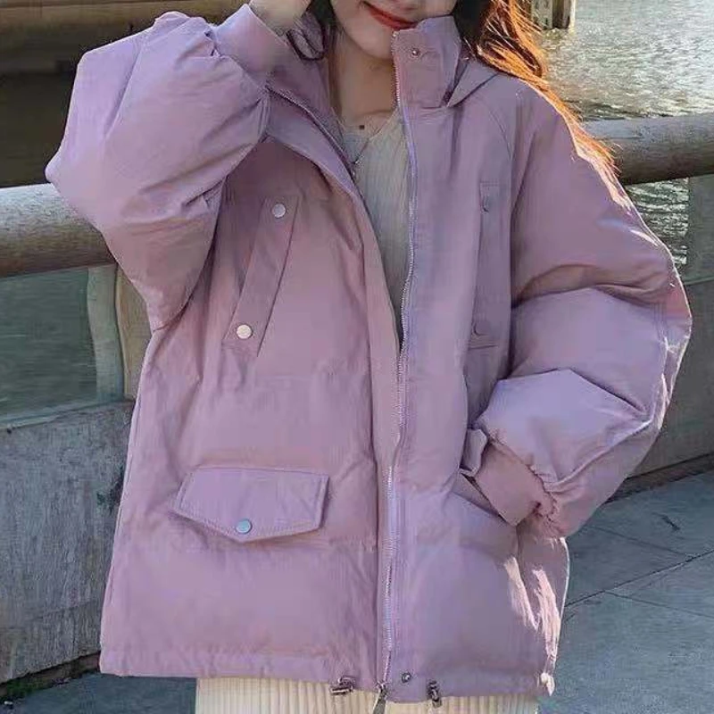 Women's Solid Color Loose Hooded Casual Parka Coat Winter Down Jacket Drawstring Tightening Student Short Harajuku Jacket Coat