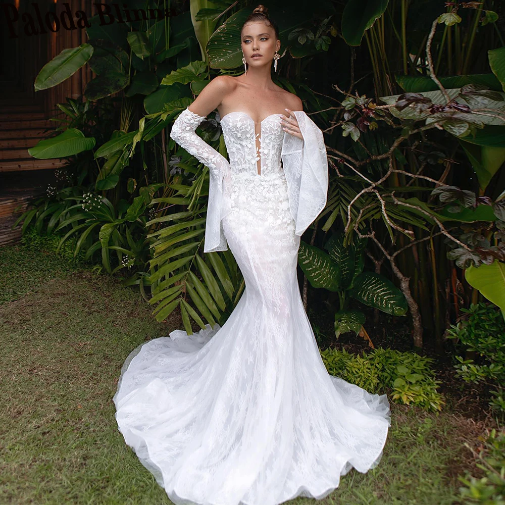 

Paloda Fashionable Mermaid Strapless Wedding Dresses For Bride Detachable Full Flare Sleeves Lace Appliques Court Train Pleat