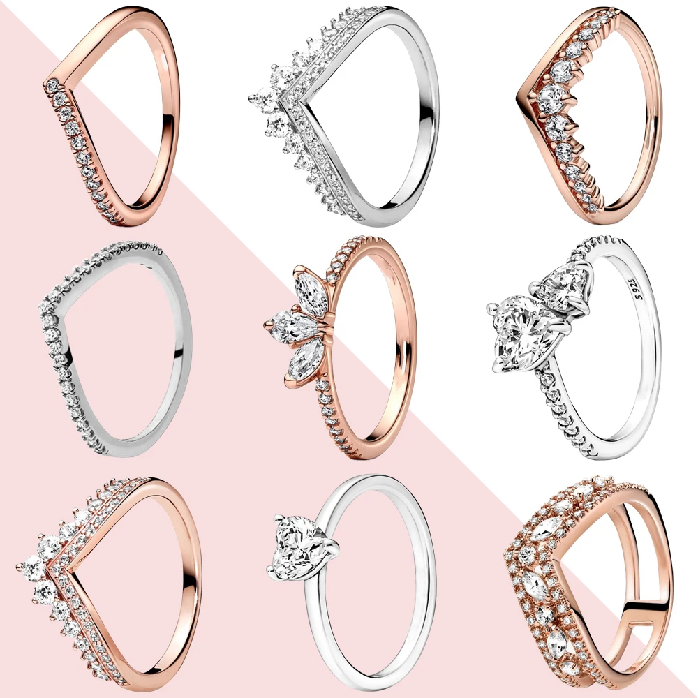 

New 925 Sterling Silver Rings Double Love Heart Sparkling Crown Rose Gold Ring Engagement Wedding Ring Luxury Women Jewelry Gift
