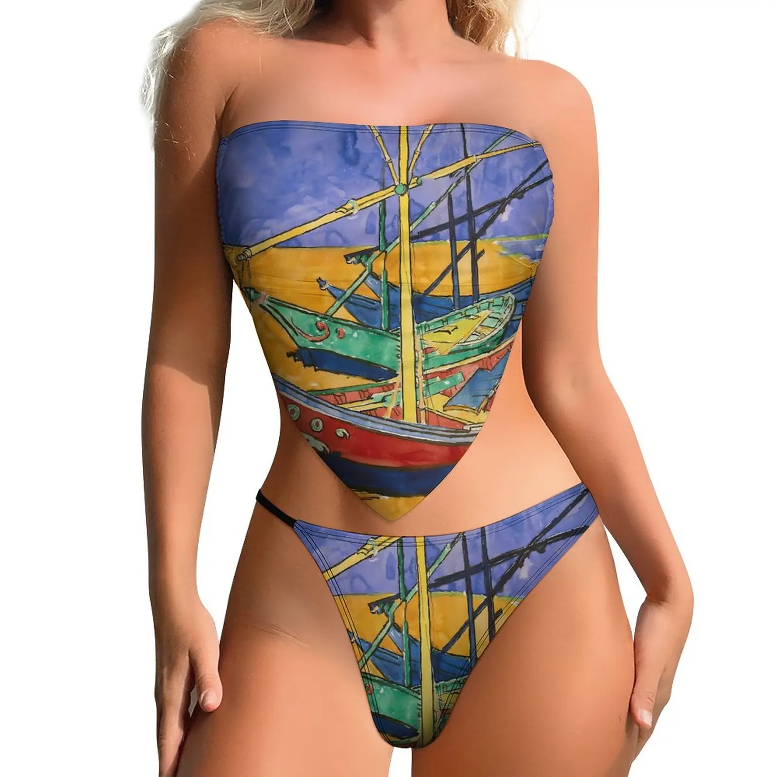 

Vincent Van Gogh Micro Bikini Swimsuit Push Up Fishing Boats Bikinis Set With Ties Swimwear Female Sexy Bath Swimsuits