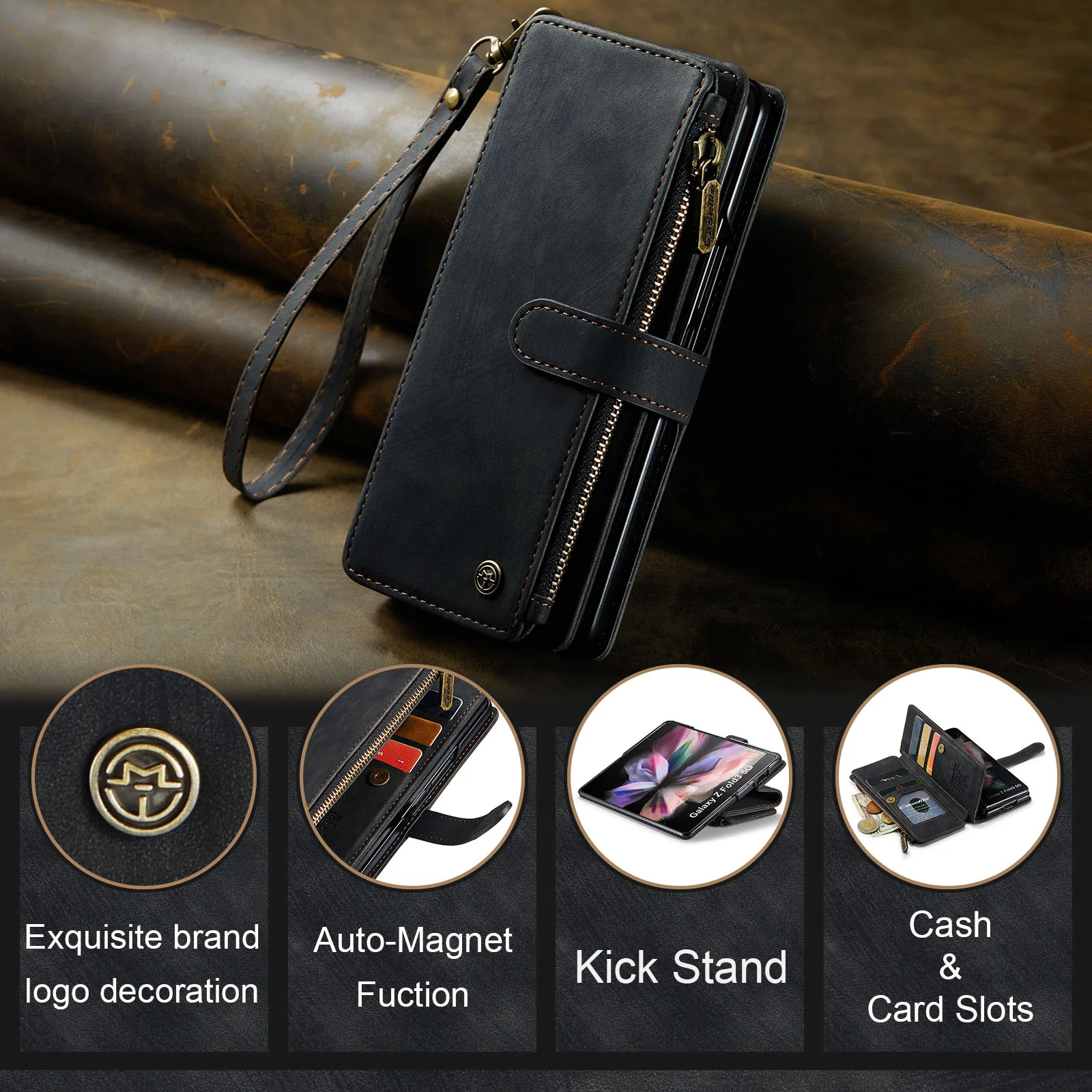 Wallet For Samsung Galaxy Z Fold 4 Case Multi Card Slot Holder with Lanyard Zipper Cover Shockproof Leather Case For Z Fold3 W22