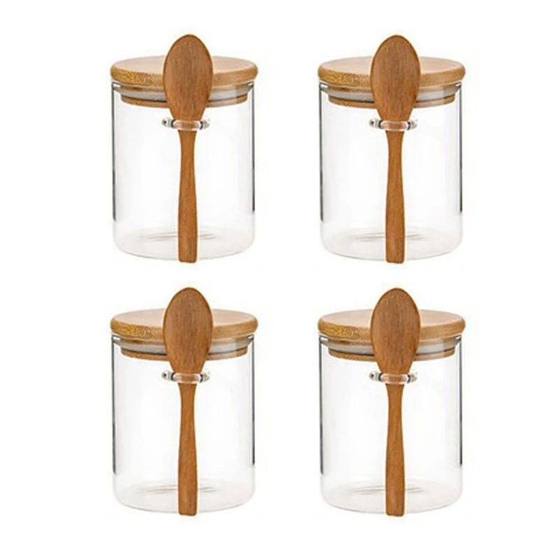 

4Pcs Sugar Bowl With Bamboo Lid And Spoon Clear Glass Canister Jar For Kitchen Storag