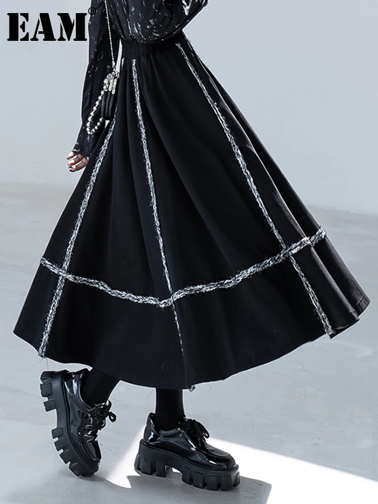 

[EAM] High Elastic Waist Black Color-block Long Casual Half-body Skirt Women Fashion Tide New Spring Autumn 2022 1DE3780