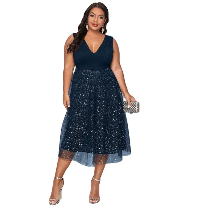 Plus Size Dresses Solid V-Neck Sequined Sleeveless Mid-Calf Gauze Party Dresses Dresses for Women 2022 Office Lady Slim Fit