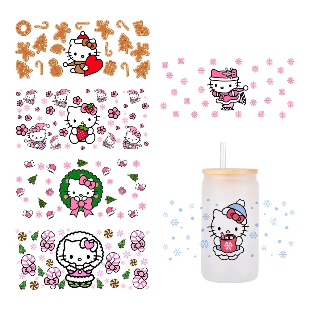 Модный мультфильм Hello Kitty Christmas For Libbey 16oz Can Glass 3D Водонепроницаемый УФ DTF Кофе Wrap