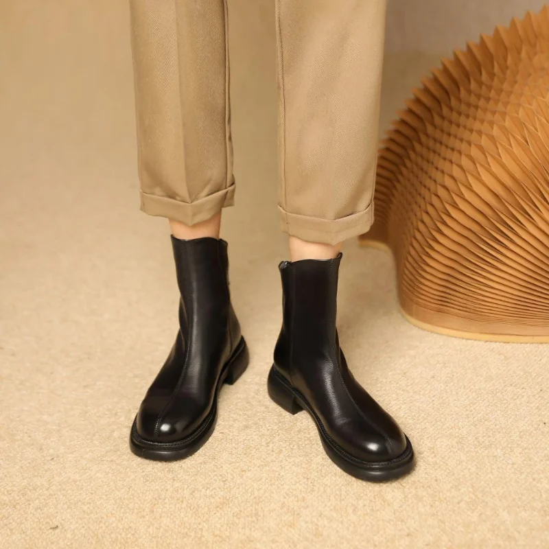 

Женские ботинки на низком каблуке, однотонные удобные ботинки с круглым носком, на молнии сзади, Осень-зима 2022