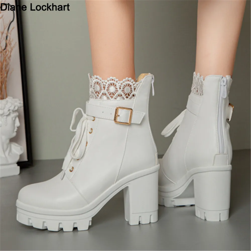 

Spring Autumn New Pattern High-heeled Coarse Heel Martin Boots Frenulum Waterproof Thick Bottom Large Code White Women Boots