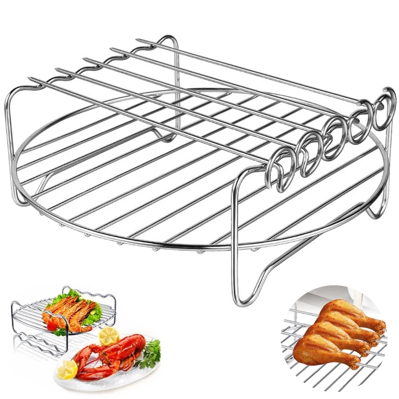 

Baking Tray Skewers Air Fryer Stainless Steel Holder BBQ Rack Double-deck Home Replacement Barbecue Four-Needle Round Rack