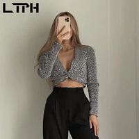 ltph sexy v neck blouse women sequins inlaid knot short crop top elegant long sleeve tops vintage american shirt 2022 spring new