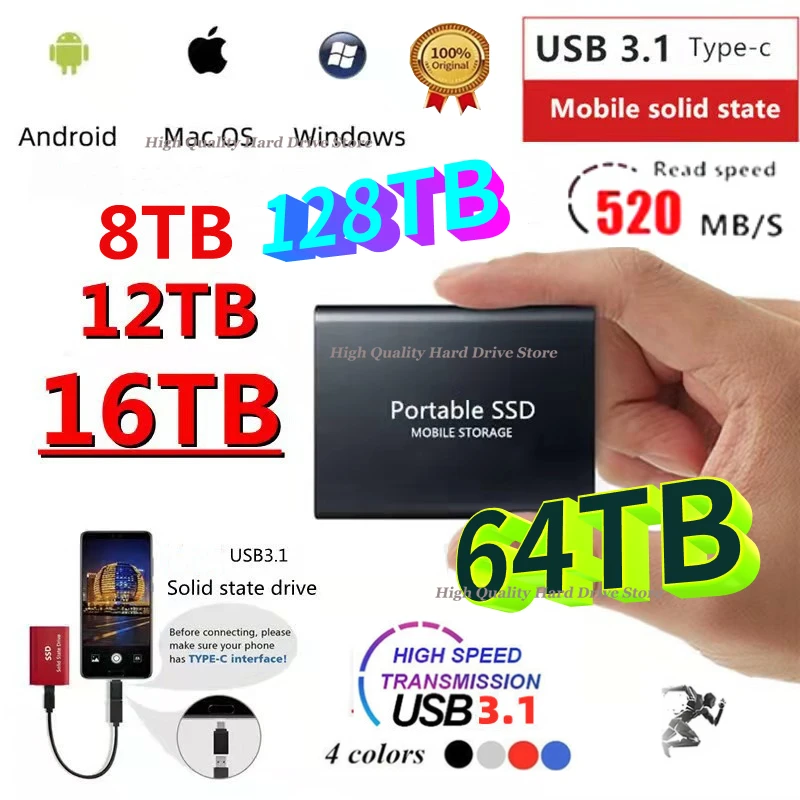 

128TB Portable SSD 16TB High-speed Mobile Solid State Drive 4TB 8TB SSD Mobile Hard Drives External Storage Decives for Laptop