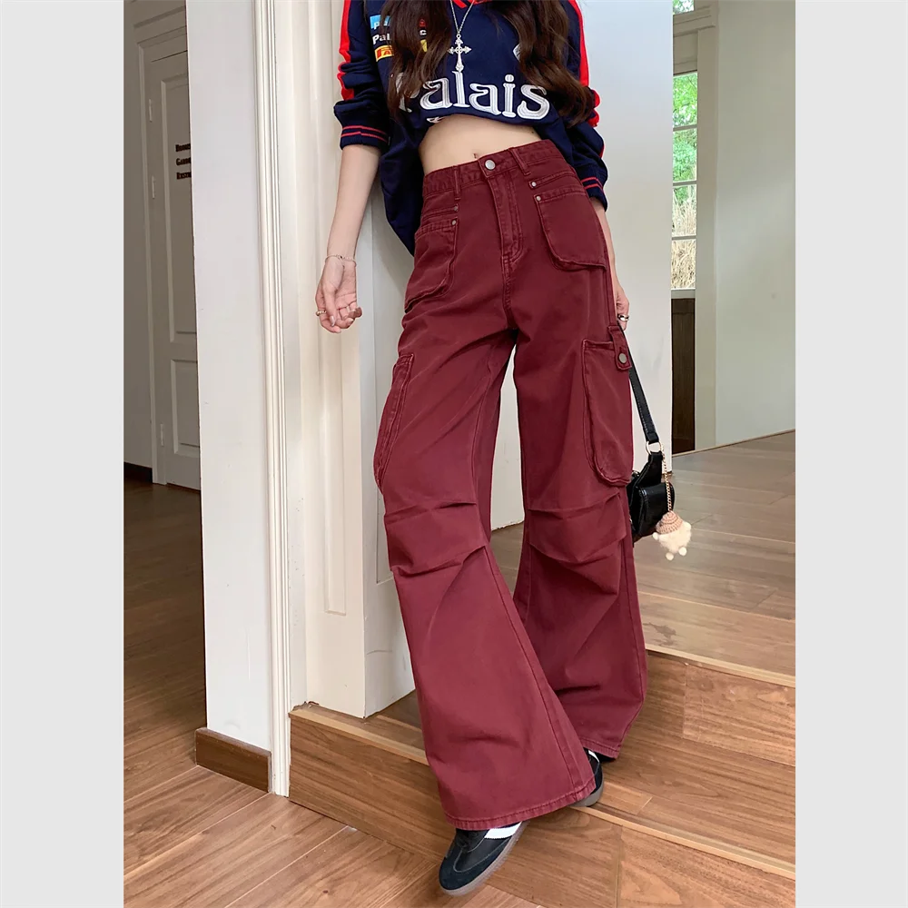 Джинсы-карго женские с завышенной талией винтажные прямые свободные брюки из