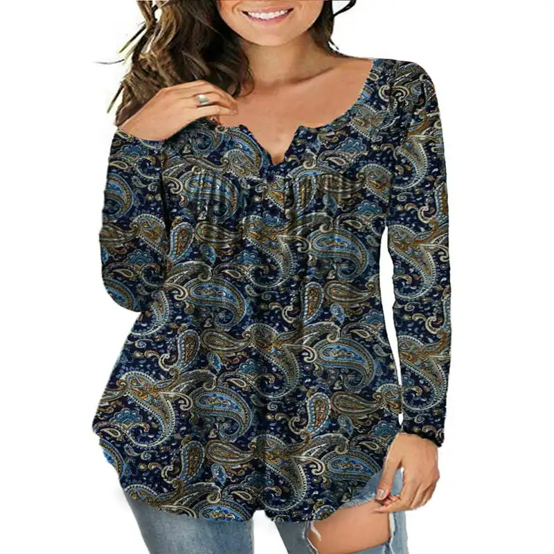 

Plus Size Long Sleeve Tunic Tops Casual Floral Henley Shirts m-4x