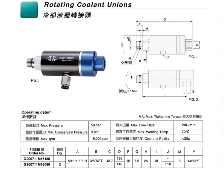 Taiwan original ACROW шпиндель охлаждающей жидкости шарнирное соединение G200711M16090/180