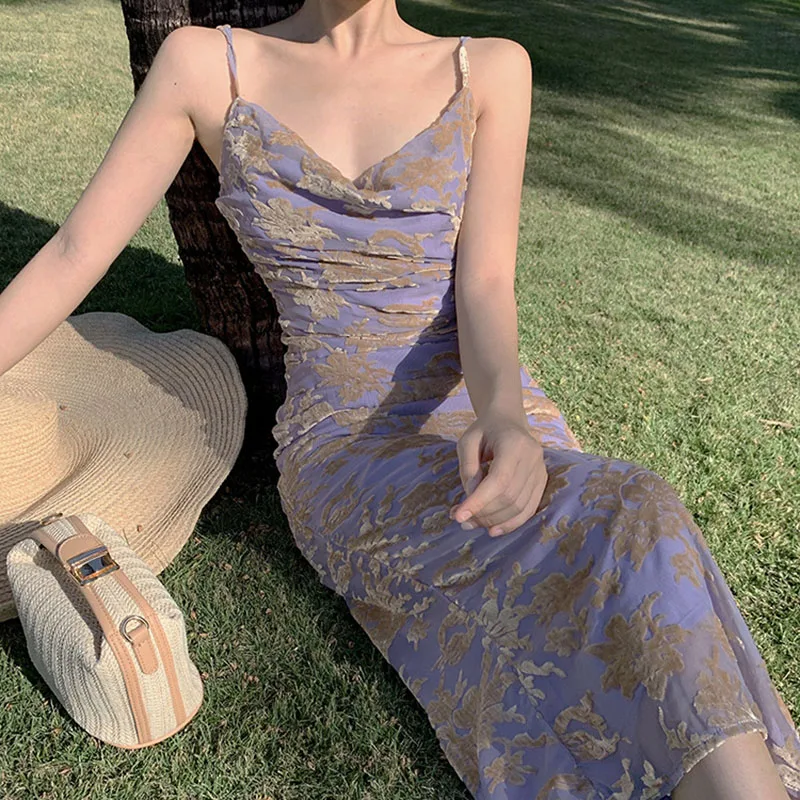 

Spring Summer 2022Elegant Women Long Slip Dress Sexy Backless Spaghetti Straps Floral Vintage Slit Velvet Print Party Maxi Dress