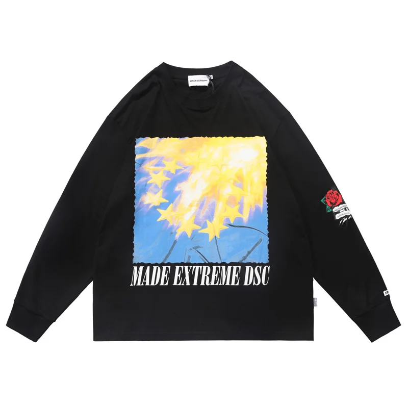 

2022 Men Streetwear Harajuku T-shirts Letter Meteor Printed Graphic T Shirts Autumn Hip Hop Fashion Korean Long Sleeve Tops Tees