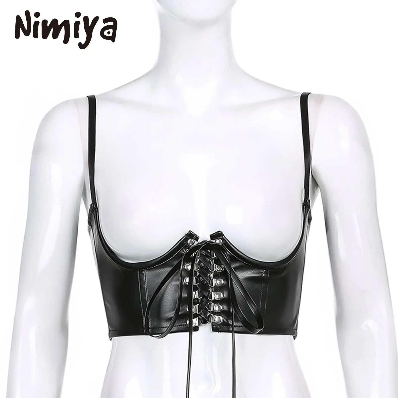 

Nimiya Women Pure Black Lace-up Front PU Leather Bare Chest Tops Corset Bustier Slim Fit Cincher Vests with Metal Night Clubwear