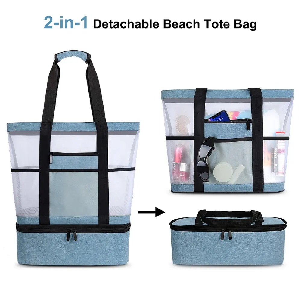 Mesh Beach Bag Tote Bag  Women | Large Foldable Lightweight Grocery Storage Bag with Detachable Cooler Bag and Waterproof Cell P