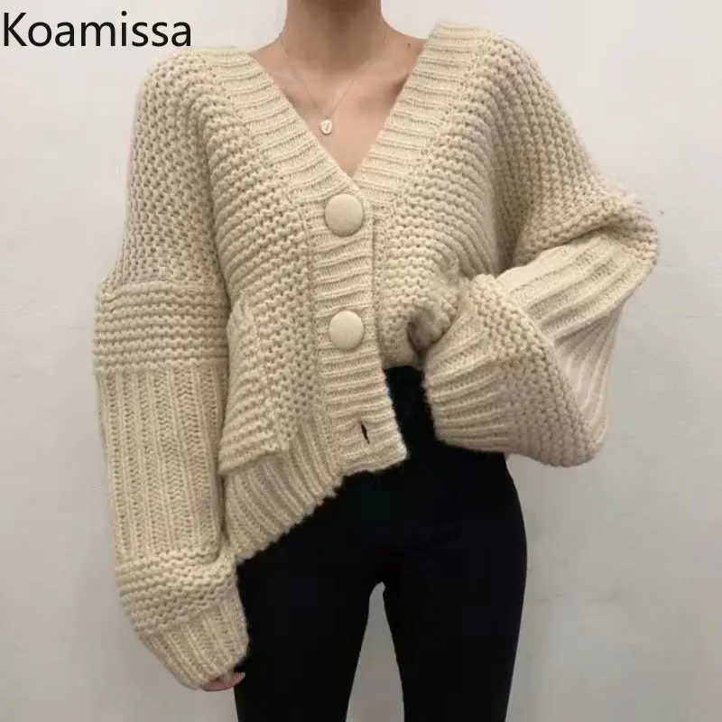 

Женский трикотажный кардиган с рукавами-фонариками, V-образным вырезом