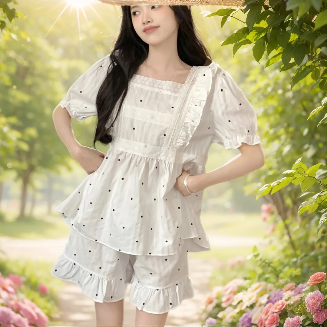 

Women's Pajamas Set - Full Sleeve Sexy Lace Tops, Long Pants 2-Piece Set, Sweet Dot Print Princess Pyjama Big Size Cozy Homewear