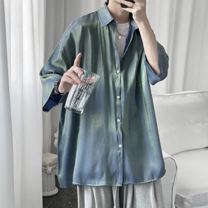 Summer Short Sleeve Shirts Men Fashion Gradient Casual Shirts Men Korean Version Loose Social Mens Dress Shirts Plus Size M-5XL