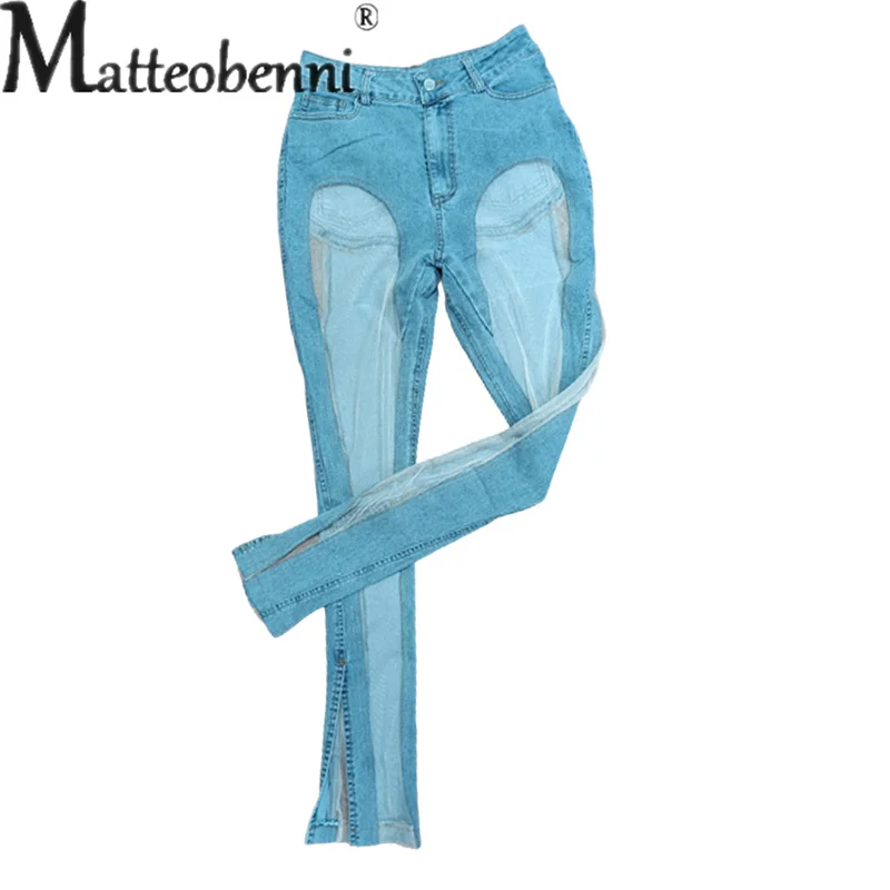 Sexy Hollow Out Splicing Slim Fit Jeans Ladies Summer Trend Streetwear Low Waist Pencil Denim Pants Women's Light Blue Trousers