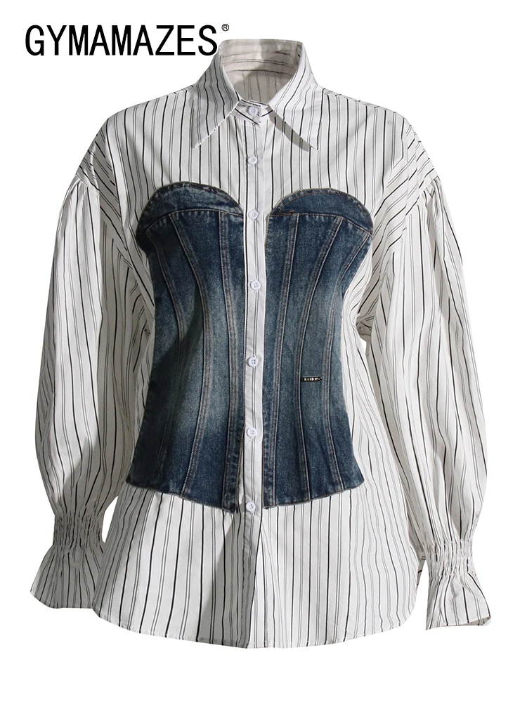 

GYMAMAZES Colorblock Patchwork Denim Shirt For Women Lapel Long Sleeve Tunic Spliced Single Breasted Casual Blouse Female New