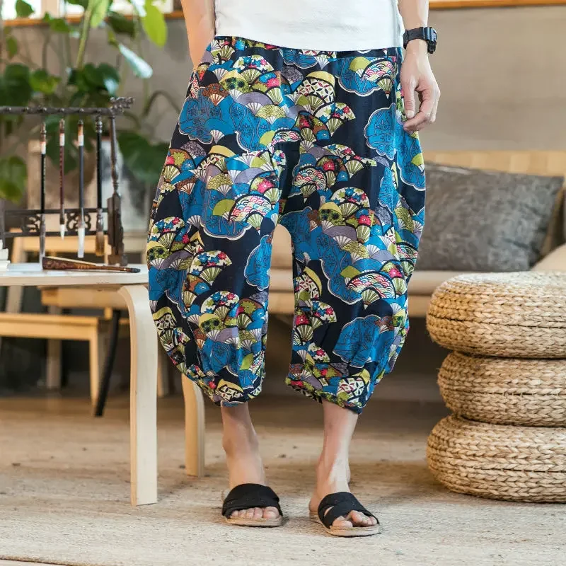 Новые летние мужские широкие брюки с семью точками в китайском стиле хлопковые и