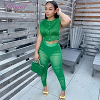 sexy sheer mesh 2 twp piece sets women outfit tracksuit solid sleeveless button crop top stacked legging pants party club suit