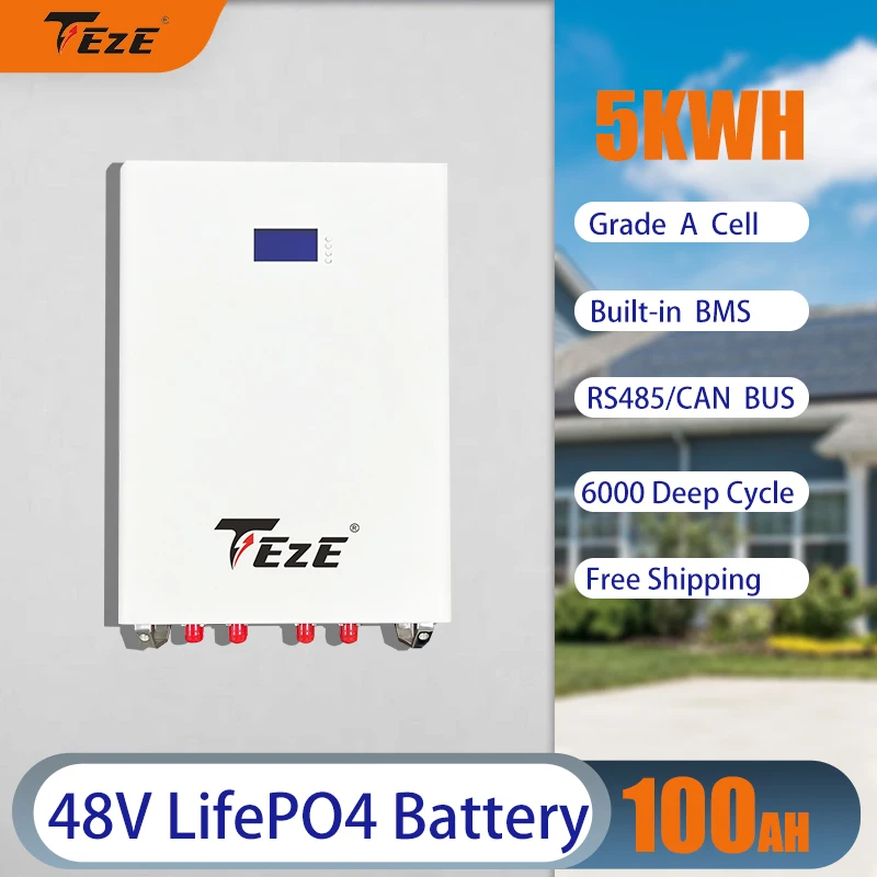 

48V 51.2V 100AH Powerwall LifeFePO4 5KWH Wall Mounted Pack Built-in BMS CAN/RS485 Energy Storage Battery 6000+Cycles PC Monitor