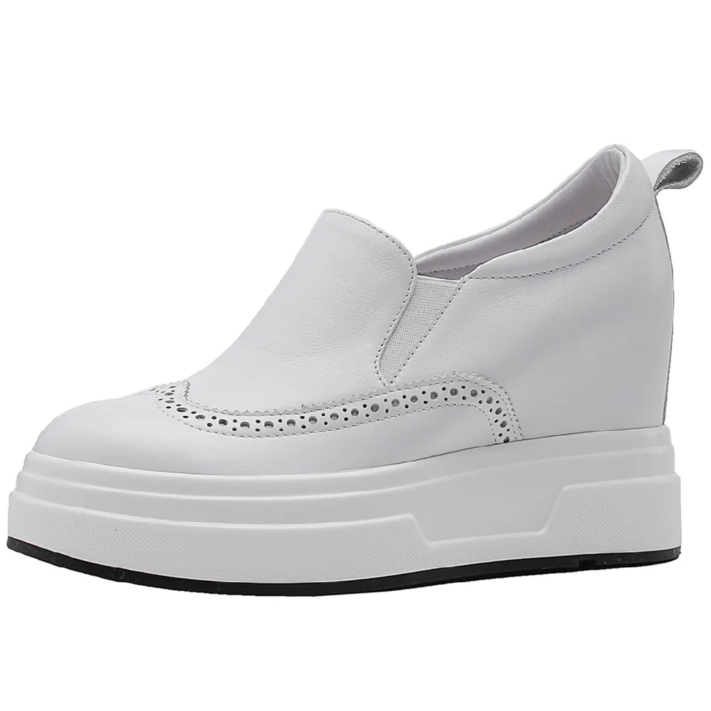 

Women's genuine leather carving slip-on wedge platform internal increase high heel slip-on loafers casual sneakers leisure shoes