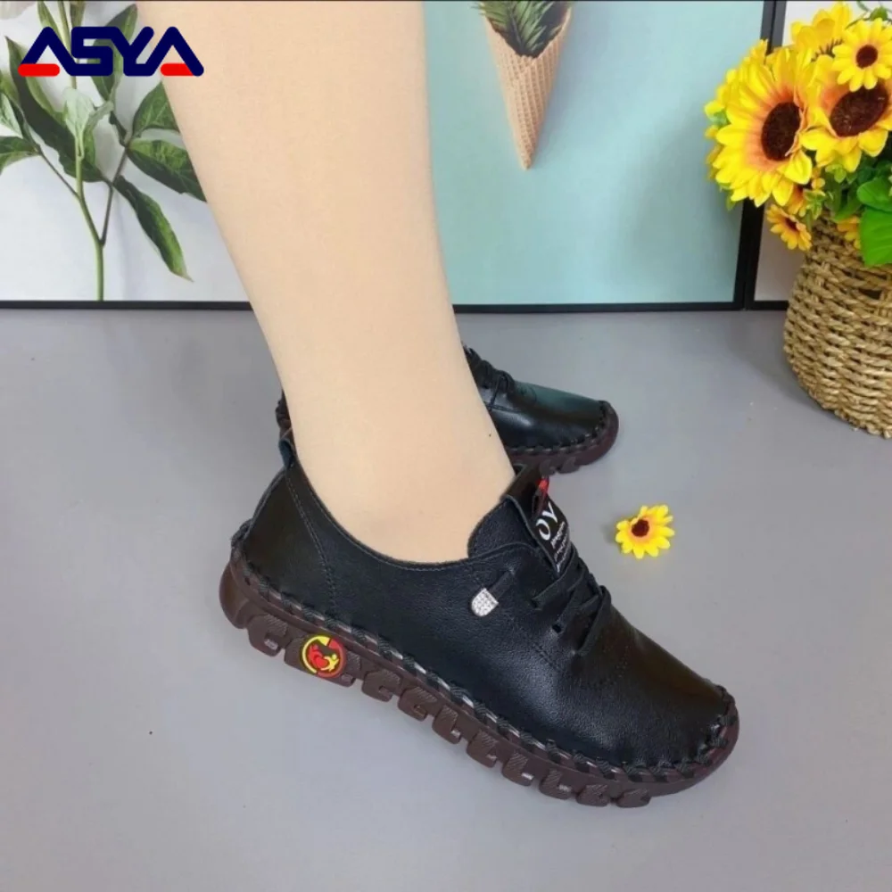 ASYAPOY Women Sneakers Breathable Flat Shoes Platform Loafers Lace Up Leather Slip-On New Fashion Casual Mom Shoe Zapatos Mujer