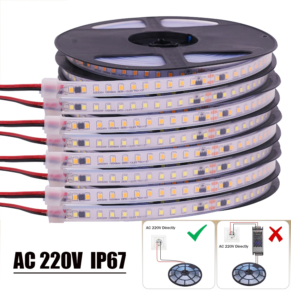 

IP67 Tube Waterproof AC 220V 240V LED Strip Driver Build In SMD 2835 120Leds/M Flexible Ribbon Tape Light For Home Garden Decor