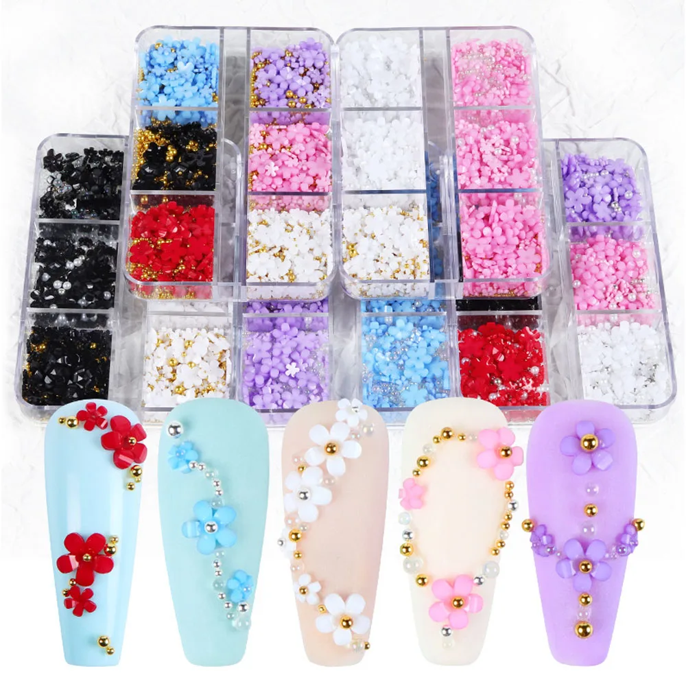 

3D Acrylic Flower Nail Art Charms Rhinestones White Mixed Stone Gems Parts for Professional Nail Decoration