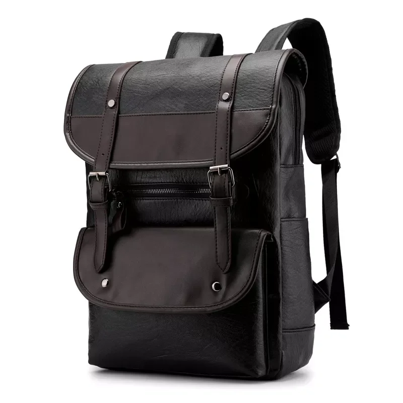 Men's High Quality Leather Backpack 15.6 Inch Laptop Backpack Student Waterproof Backpack Leisure Travel Backpack Solid PU