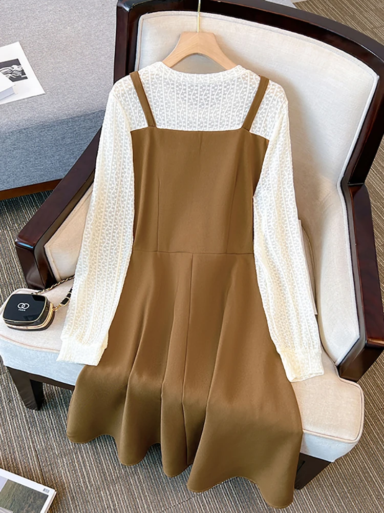 2024 черное лоскутное кружевное платье миди с длинным рукавом женское модное из