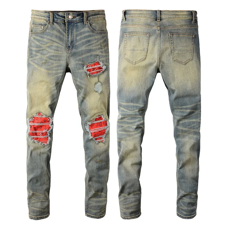 

High Quality Stretch Slim Fit Distressed Scratched Streetwear Men Male Colorful Bandana Ribs Patchwork Destroyed Skinny Jeans